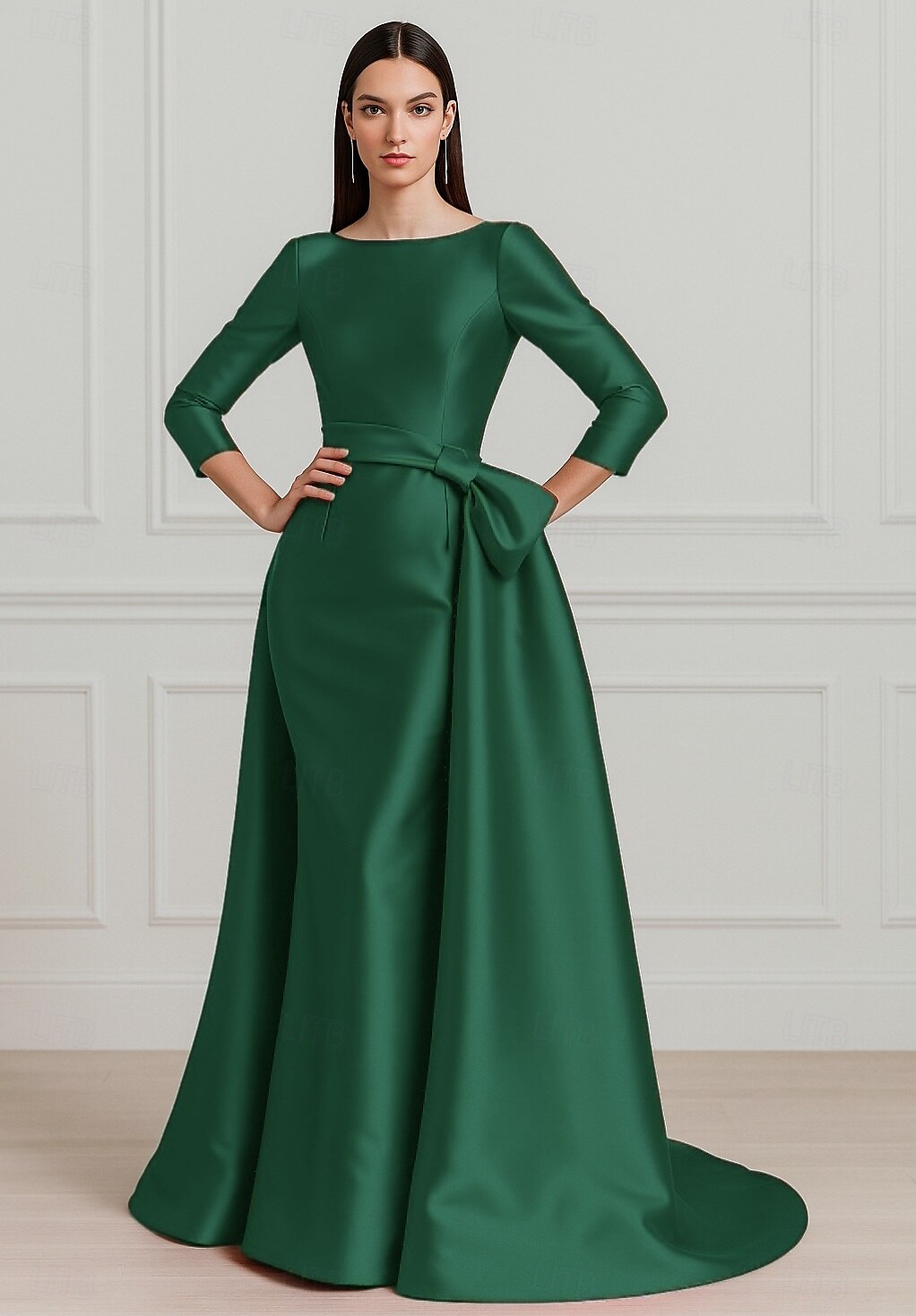 rot-schwarzes A-Linien-Abendkleid, elegantes Kleid, formelle Hochzeit, bodenlang, 3/4-Ärmel, Rundhalsausschnitt, Stretch-Satin mit Falten, 2025 2025 - $139.99 –P8