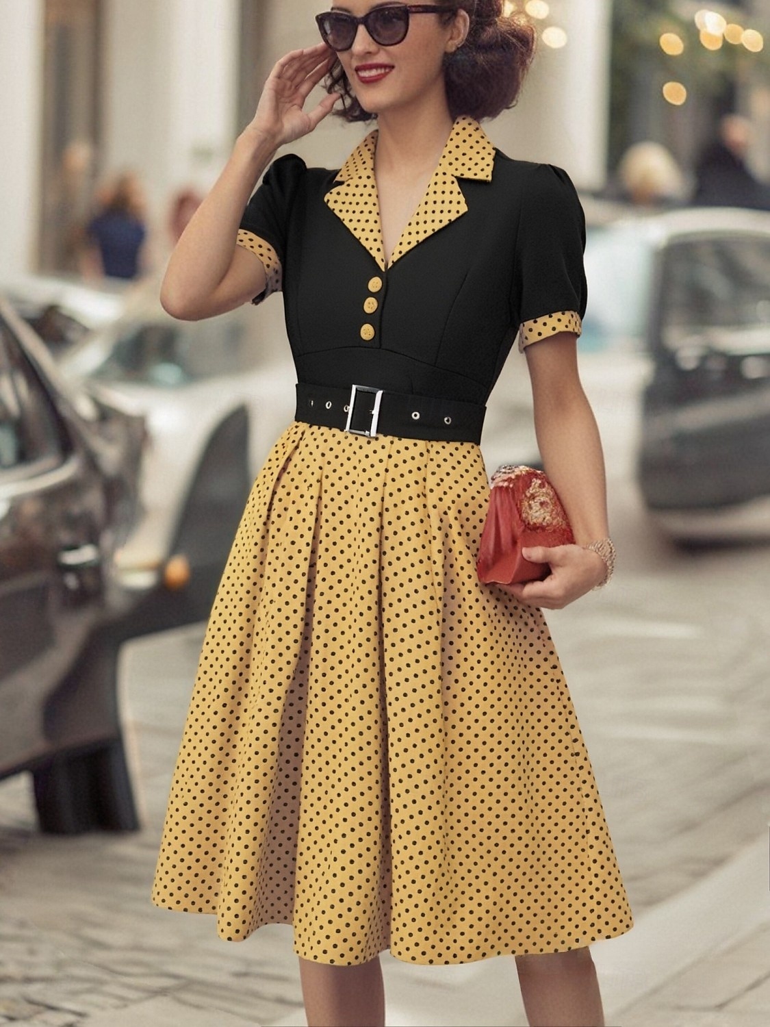 Retro 50. léta Polední A-Line šaty Houpací šaty Košilové šaty S páskem Puntíky Přehnutý Dámské Karneval Ležérní Denní nošení Retro tematická párty Dospělé Šaty Jaro léto 2025 - $32.99 –P19