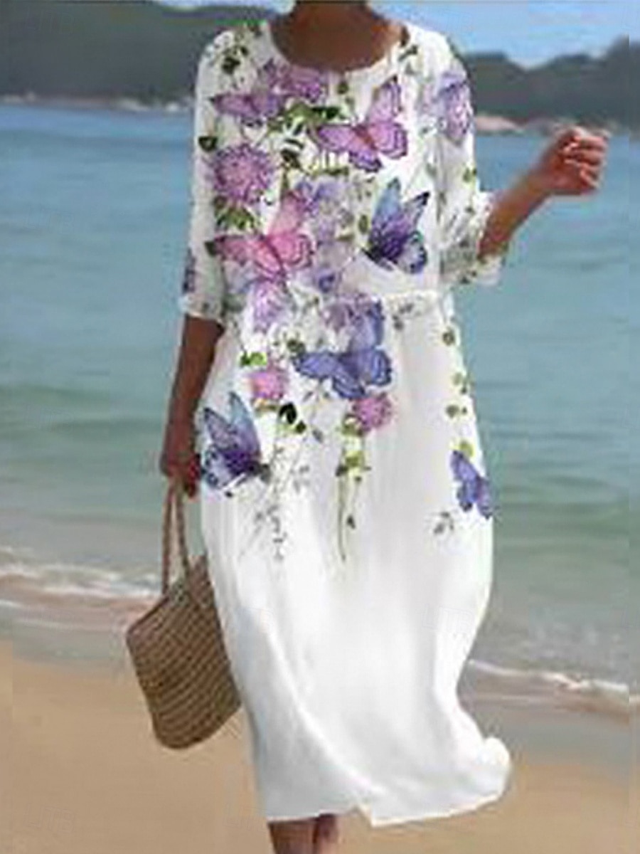 Damen Midikleid Freizeitkleid Druckkleid Mode Modern Täglich Strand Wochenende Normale Passform Blumen Dreiviertelarm Rundhalsausschnitt Weiß Rosa Violett Purpur Sommer Frühling Herbst 2025 - $31.99 –P3