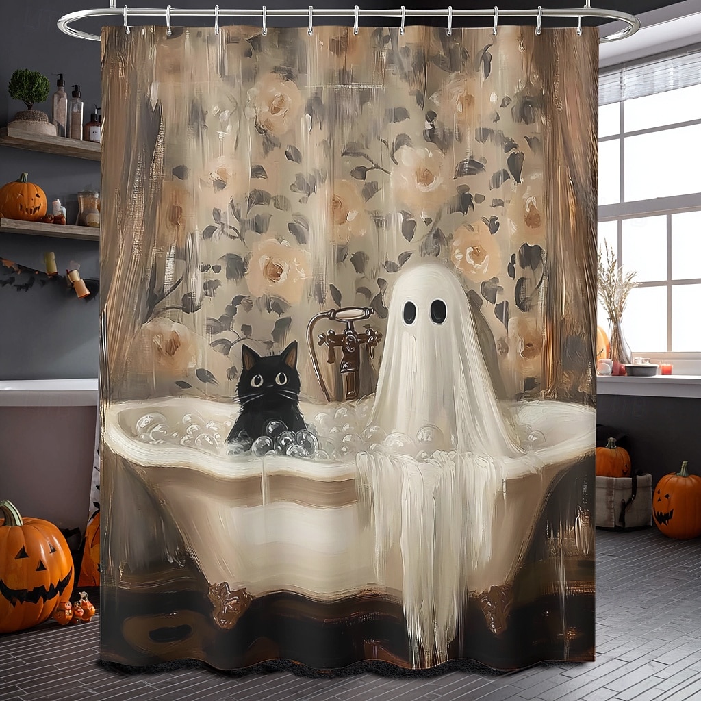 Halloweenský sprchový závěs s háčky, polyesterový, pratelný, voděodolný, vzorovaný, koupelnová vana, dekorace 2025 - $21.99 –P8