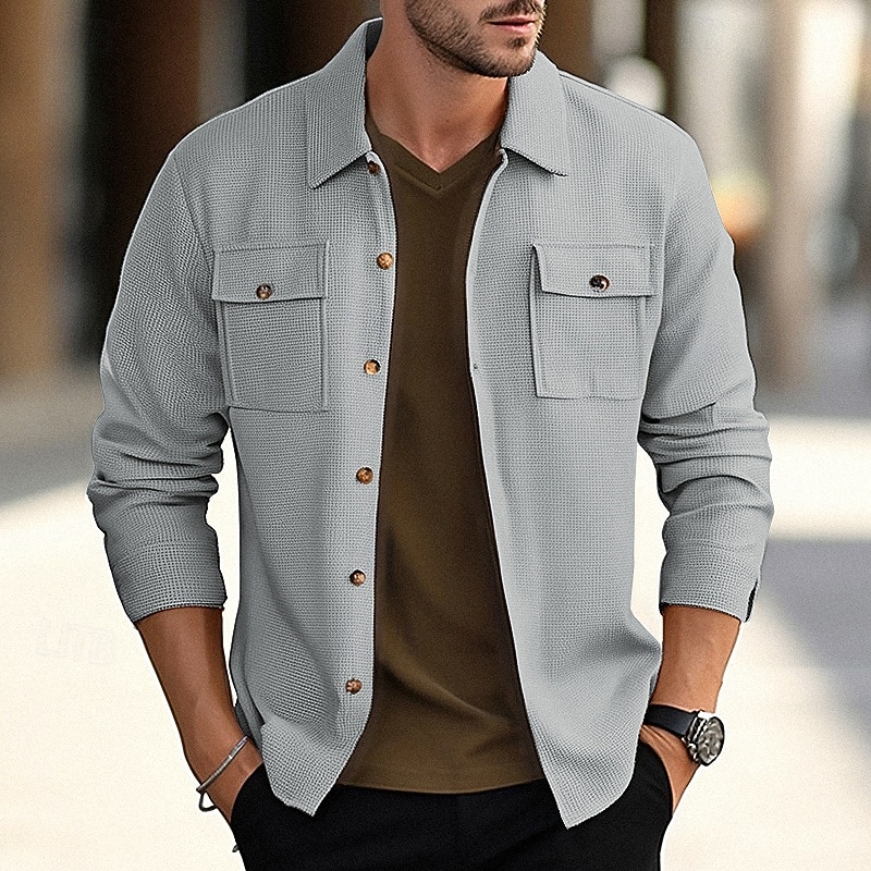 Homens jaqueta leve Jaqueta Waffle Jaqueta de Camisa Jaqueta casual Férias Diário Respirável Bolsos Primavera Outono Tecido Moda Clássico Lapela Padrão Preto Branco Vinho Verde Escuro cáqui Casaco de 2025 por $26.99 –P11