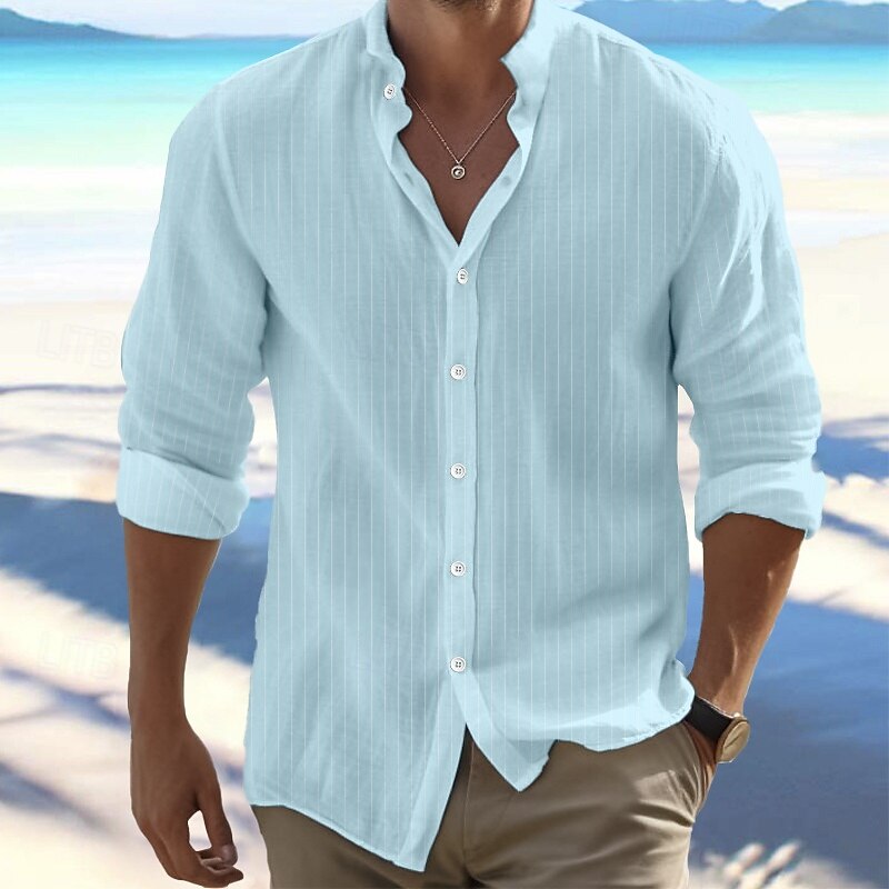 Herren Hemd Leinenhemd Stehkragenhemd Sommerhemd Strandbekleidung Knopfhemd Gestreift Urlaub Ferien Schwarz Weiß Blau Khaki Langarm Stehkragen Sommer Frühling Bekleidung 2025 - $22.99 –P1