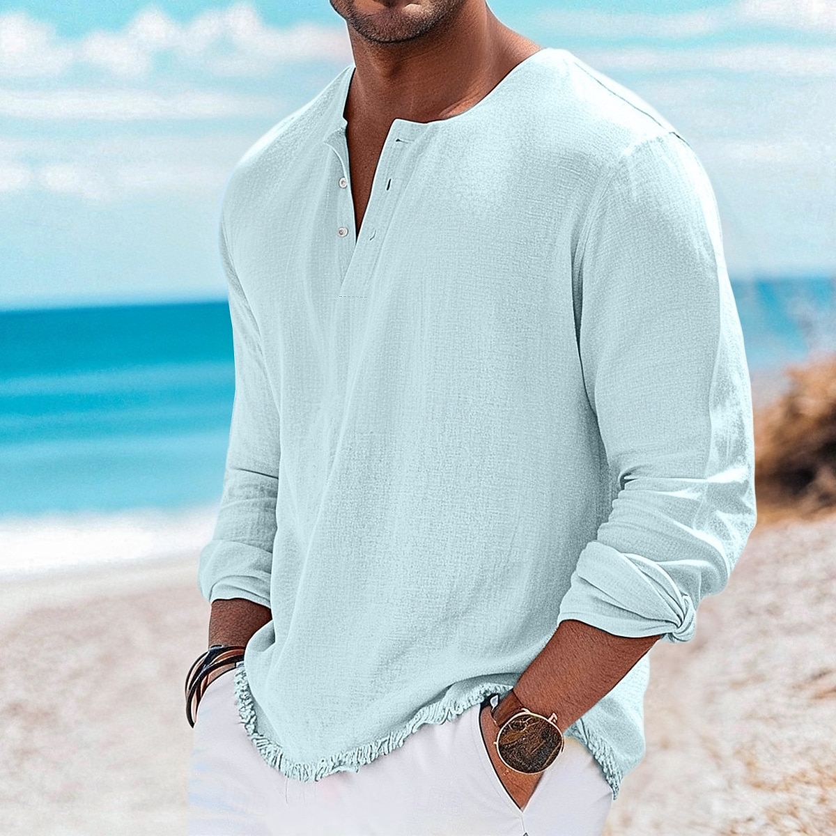 Per uomo Maglia Henley Maglietta Top Henley Maglietta in lino Manica Lunga Tinta unica Semplice Tinta unita Moda Designer Casual Blocco di colore Bottoni Henley All'aperto Casuale Quotidiano Estate del 2025 a $25.99 –P2