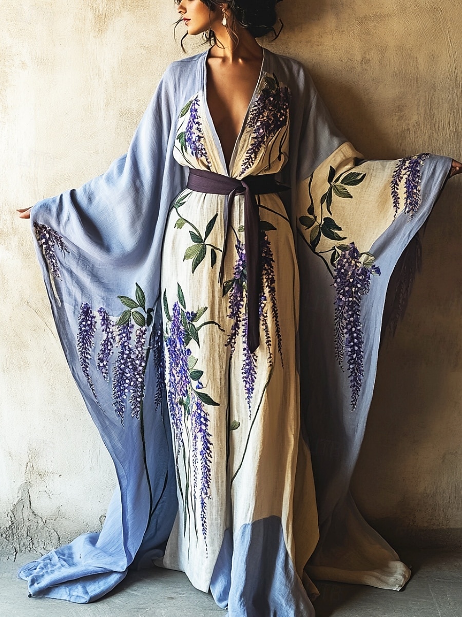damska długa sukienka maxi sukienka boho sukienka na co dzień sukienka rozkloszowana sukienka letnia vintage wakacje codzienna plaża regularny krój kwiatowy długi rękaw dekolt w serek niebieski lato wiosna jesień 2025 - $25.99 –P3