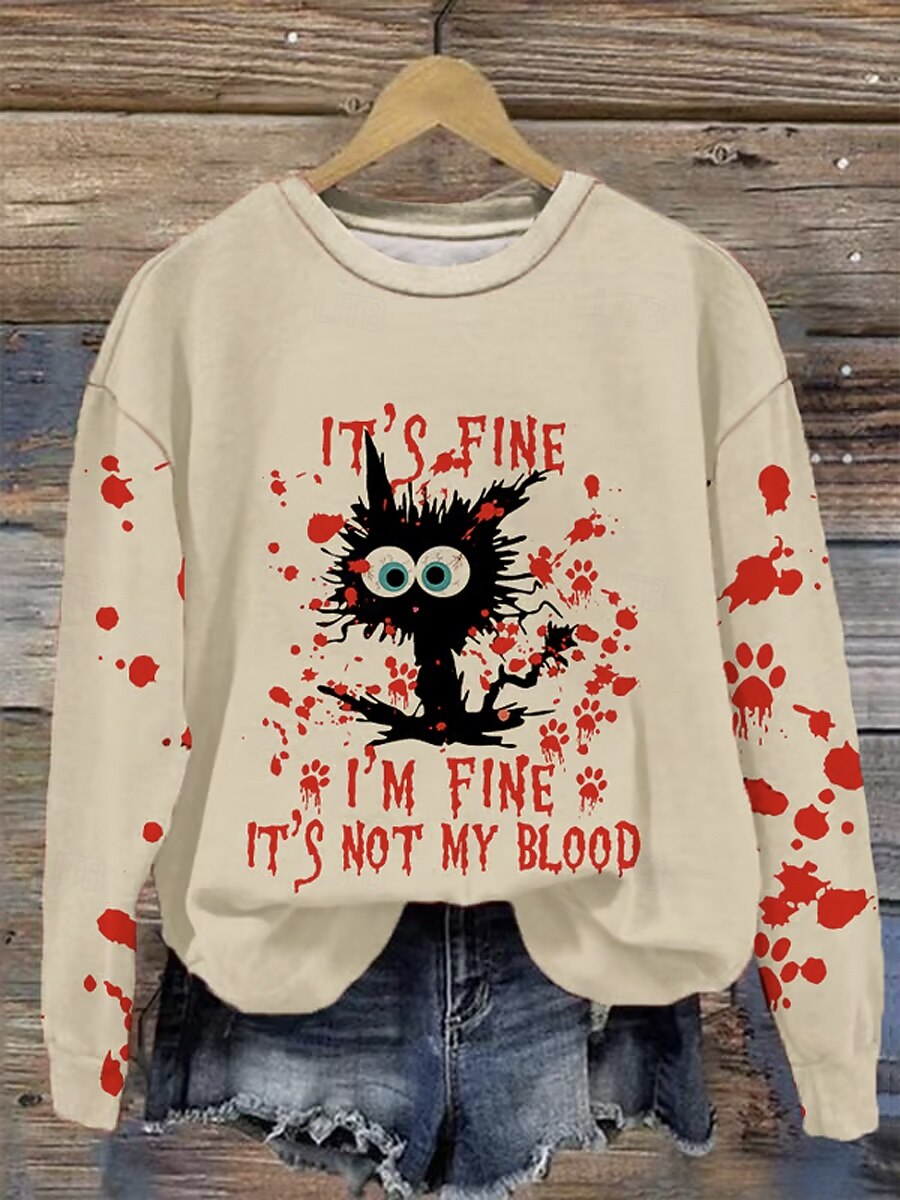 Sweat-shirt Halloween femme graphique de chat noir mode abstraite décontractée à manches longues col rond tops réguliers vêtements de rue impression quotidienne blanc beige gris automne hiver de 2025 ? $26.99 –P2