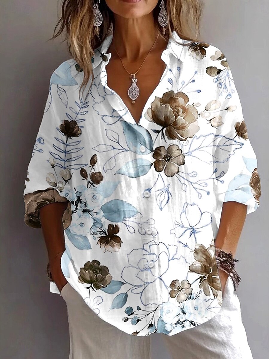 Women's Shirt Floral Graphic Vintage Tropical Daily Long Sleeve Shirt Collar Regular Tops Work Daily Holiday Buttons Print Blue Brown Green Summer Spring Fall 2025 - $32.99 –P3