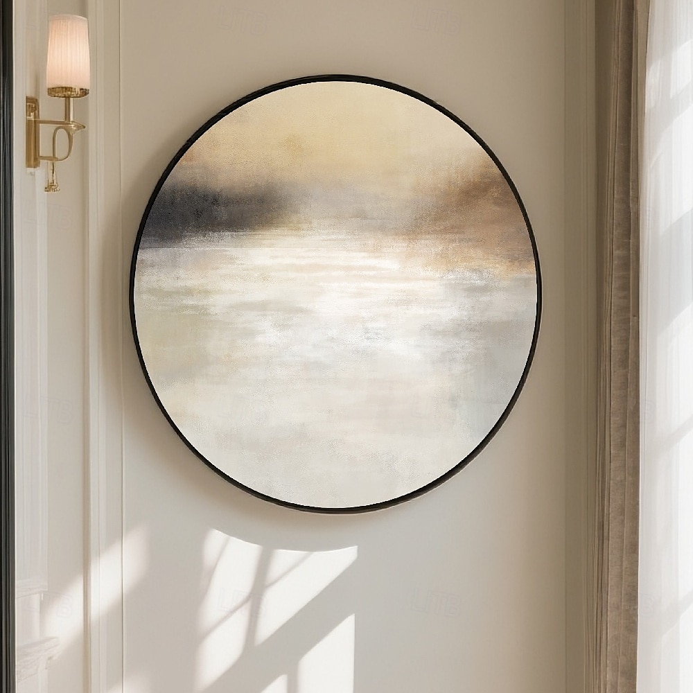 handgemaakte cirkelvormige abstracte olieverfschilderij gouden lijst reflecterende gradiënt kunstwerk grijs wit beige gedempt goud houtskool tinten moderne wanddecoratie luxe huiselijke ambiance klaar 2025 - $200.99 –P3