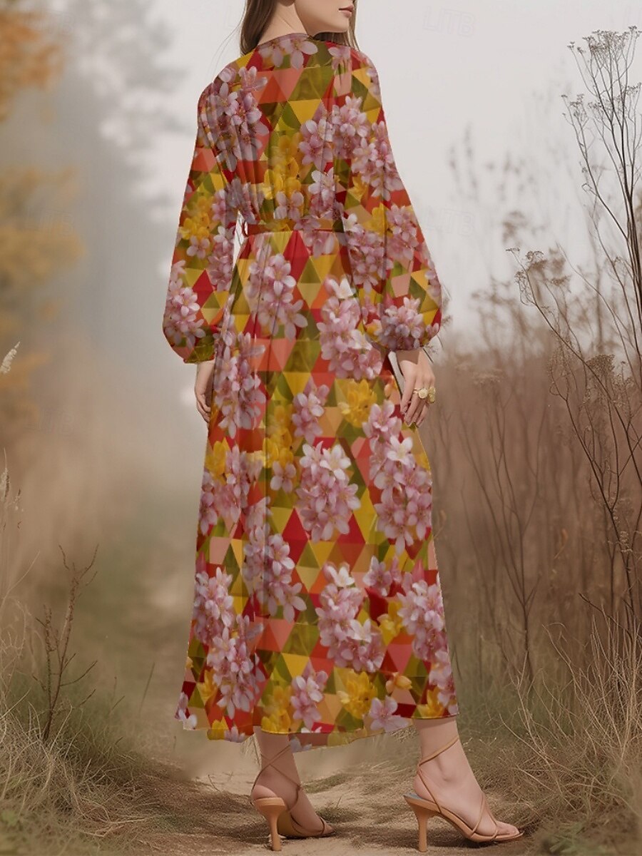 Women's Midi Dress Casual Dress Chiffon Swing Dress Modern Vacation Daily Weekend Regular Fit Floral Plaid Long Sleeve V Neck Yellow Blue Purple Orange Summer Spring Fall Autumn 2025 - $31.99 –P12