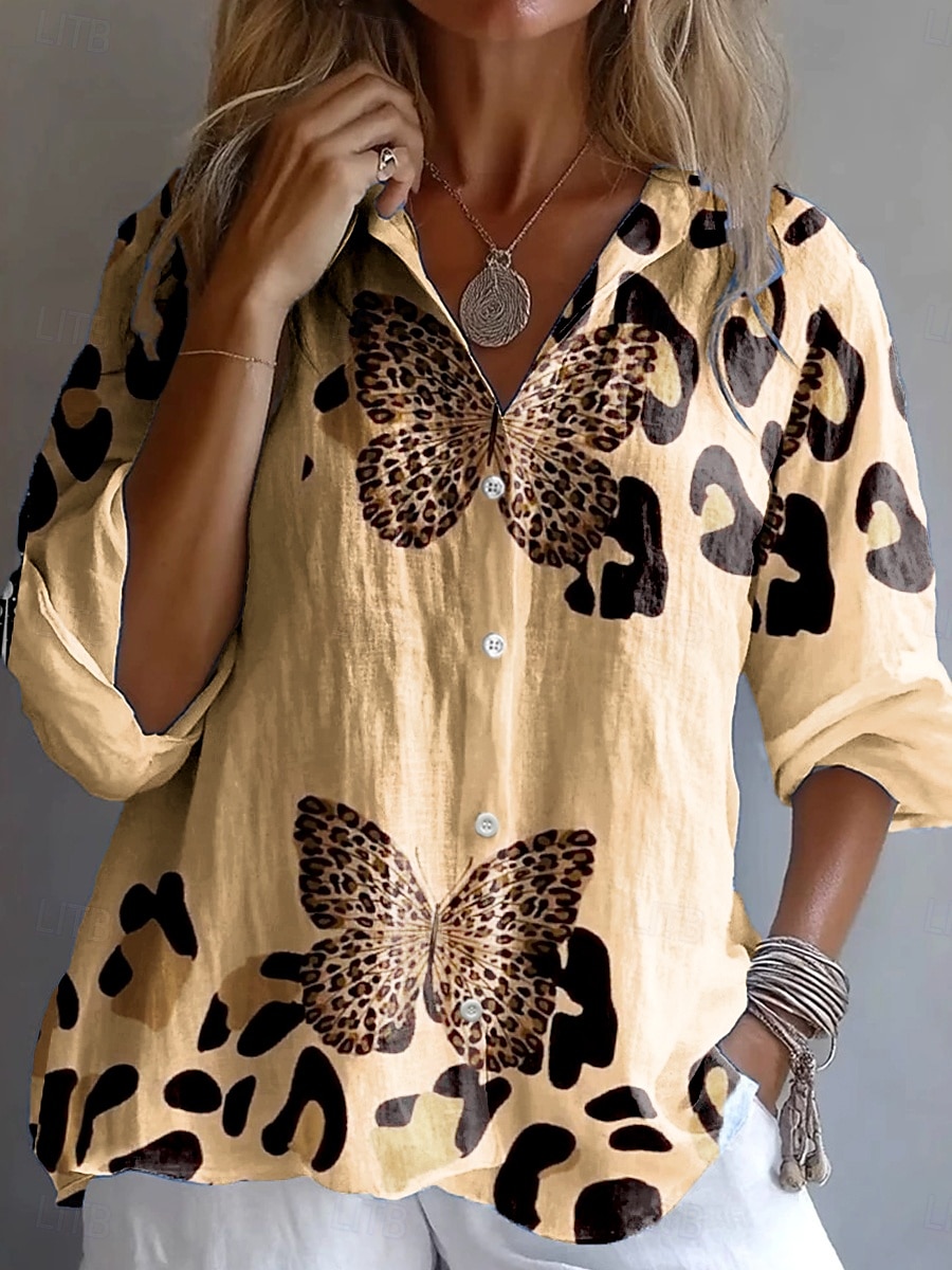 Femmes Chemise Graphique Léopard Papillon ancien Tropical Quotidien manche longue Col en V Col de chemise Hauts Réguliers Travail Quotidien Boutons Imprimé Marron Kaki Arc-en-ciel Été Printemps de 2025 ? $32.99 –P3