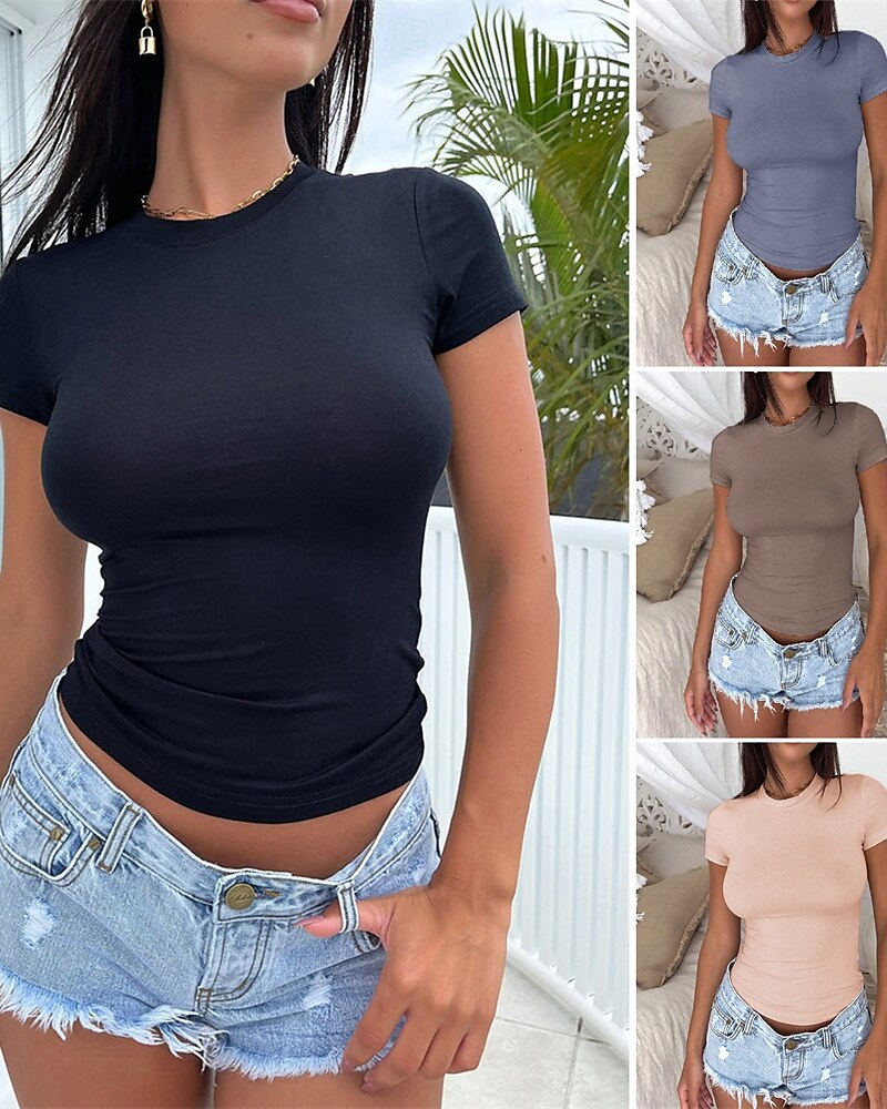 Damen T Shirt Einfach Mode Modern Kurzarm Rundhalsausschnitt Normale Oberteile Täglich Schwarz Leicht Braun Grau Sommer 2025 - $16.99 –P1