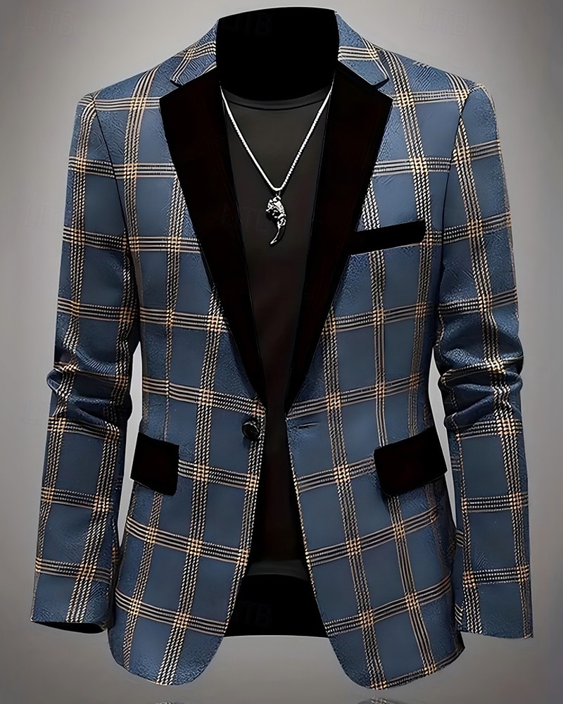 Herren Blazer Geschäft Cocktailparty Hochzeitsfeier Mode Lässig Frühling Herbst Polyester Karomuster Tasche Knöpfe Bequem Einreihig Blazer Schwarz Blau Braun 2025 - $58.99 –P3
