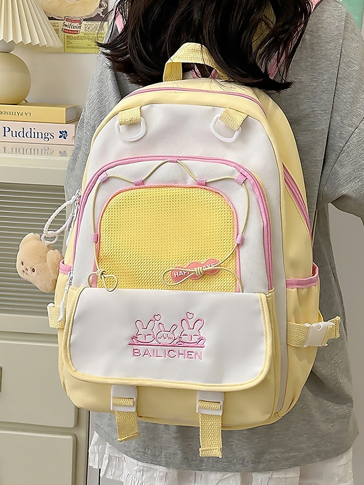 Stor reseryggsäck för tonårsflickor med vagnsrem – söt kaninbroderi, skolväska med flera fickor för mellan- och högstadieelever 2025 - $29.99 –P3