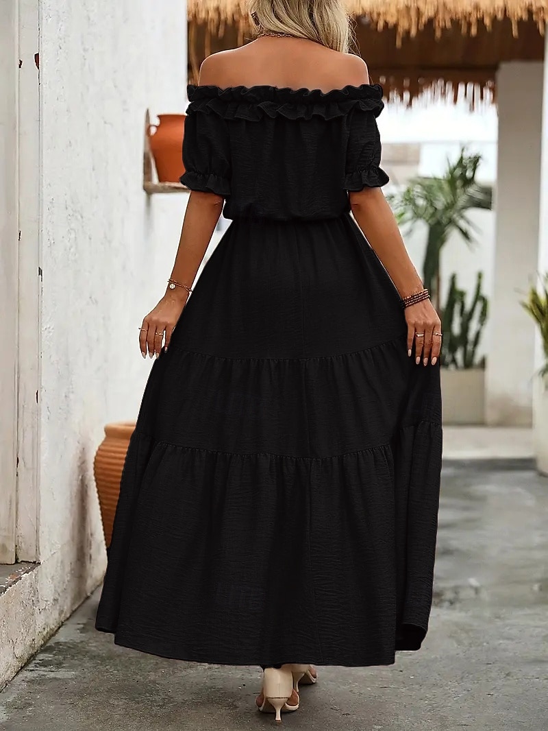 Damen Langes Kleid Maxikleid Schwingkleid Sommerkleid Elegant Ausgehen Sommerkleid Normale Passform Einfarbig Kurzarm Schulterfrei Schwarz Rote Rosenrot Aprikose Sommer 2025 - $24.99 –P4