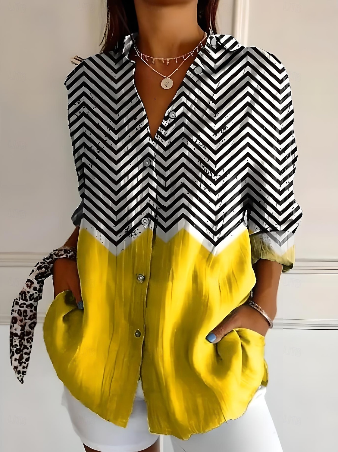 Femmes Chemise Graphique Géométrique Rayé ancien Tropical Quotidien manche longue Col de chemise Hauts Réguliers Travail Quotidien Fête Boutons Imprimé Blanche Jaune Rouge Bleu Orange Été Printemps de 2025 ? $32.99 –P4