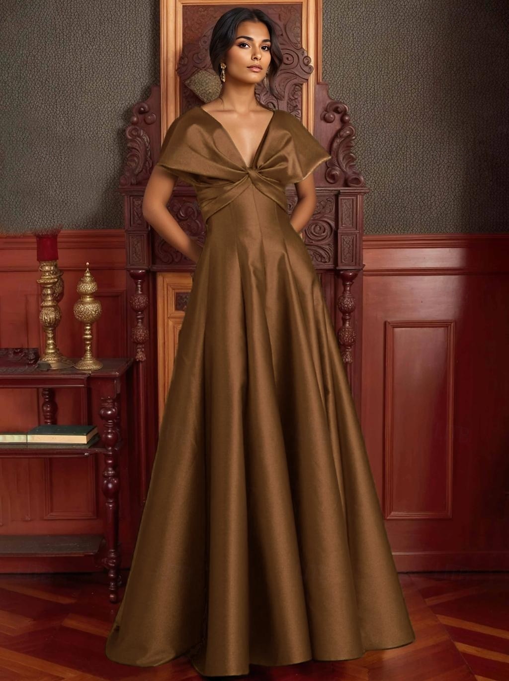 Rochie de seară elegantă, linie A, rochie formală de mireasă, lungime la podea, cu umerii goi, decolteu în V, satin elastic cu buzunar, 2025 2025 - $149.99 –P5