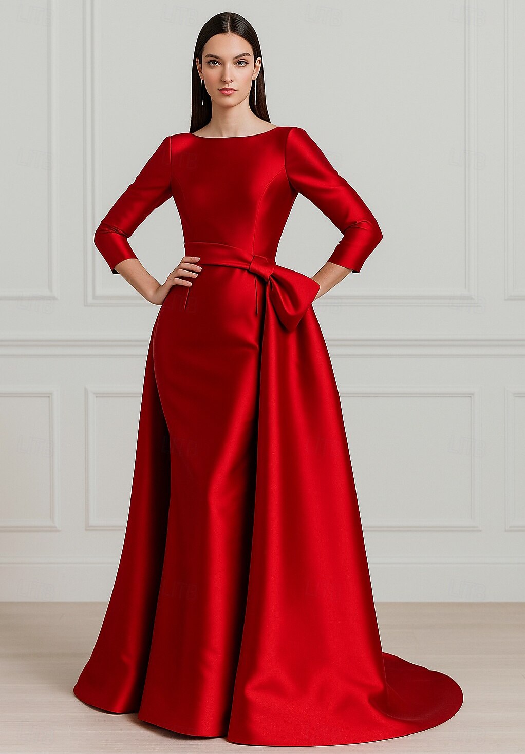 rot-schwarzes A-Linien-Abendkleid, elegantes Kleid, formelle Hochzeit, bodenlang, 3/4-Ärmel, Rundhalsausschnitt, Stretch-Satin mit Falten, 2025 2025 - $139.99 –P1