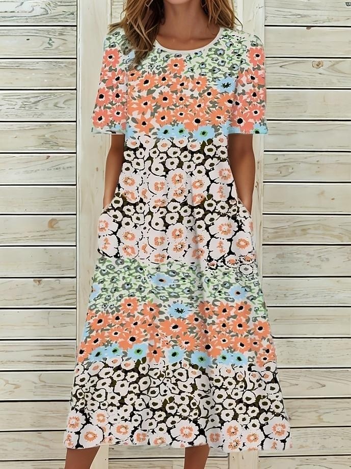 Damen Midikleid T-Shirt-Kleid Sommerkleid Shiftkleid A Linie Kleid Urlaub Lässig Boho Party Strand Normale Passform Blumen Grafik Kurzarm Rundhalsausschnitt Orange Sommer Frühling 2025 - $23.99 –P1