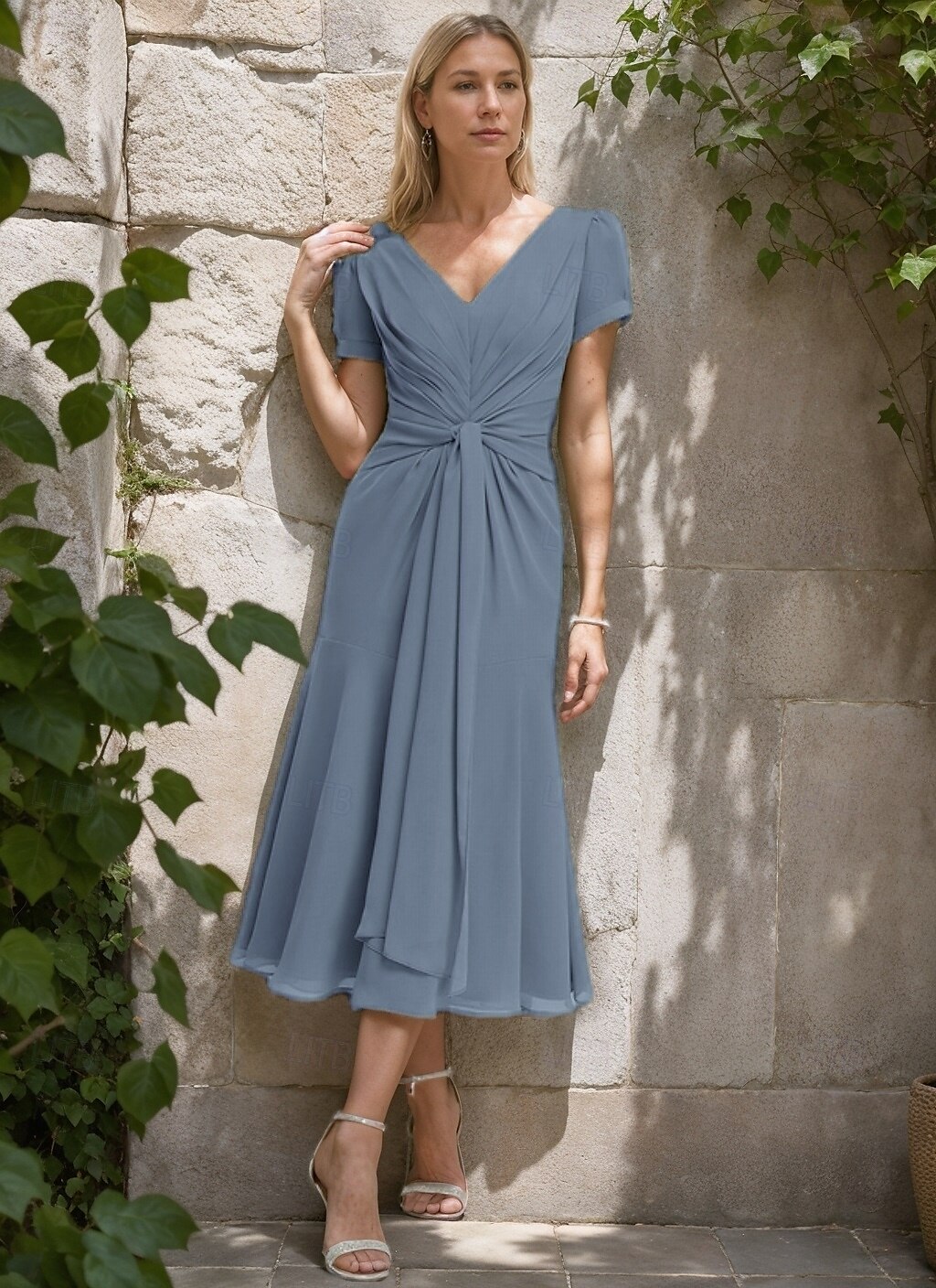 A-Line Mother of the Bride Dress Formal Wedding Guest Elegant Simple Minimalist V Neck Tea Length Chiffon Short Sleeve with Pleats Ruched 2025 - $125.99 –P9