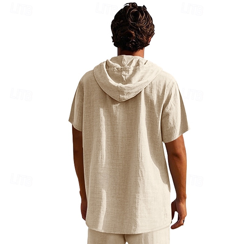 Men's Shirt Linen Shirt Popover Shirt Casual Shirt Cotton Shirt Plain Vacation Street Black White Navy Blue Brown Short Sleeve Hooded Summer Clothing Apparel Lace up 2025 - $22.99 –P19