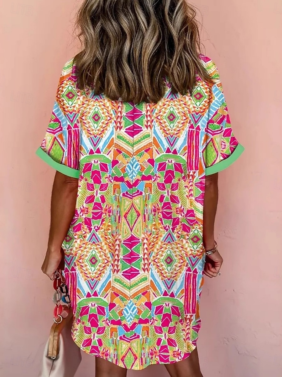 Damen Minikleid Hemdblusenkleid Freizeitkleid Sommerkleid Vintage Täglich Strand Wochenende Normale Passform Geometrisch Farbblock Kurzarm Hemdkragen Grün Sommer 2025 - $25.99 –P2