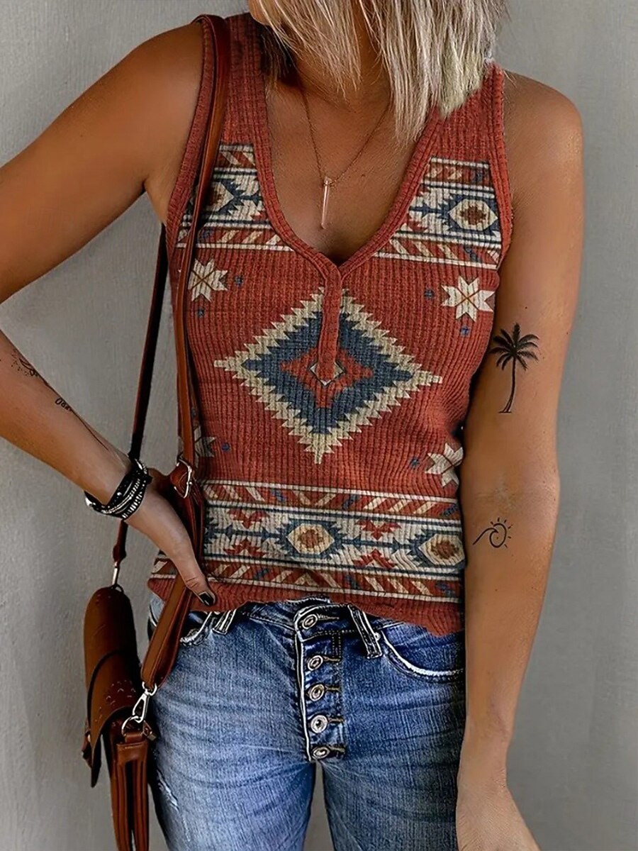Femmes Débardeur caraco Graphique Géométrique Abstrait Bohème ancien Élégant Sans manches Col en V Hauts Réguliers Quotidien Imprimé Rouge Marron clair Vert Été Printemps de 2025 ? $17.99 –P1