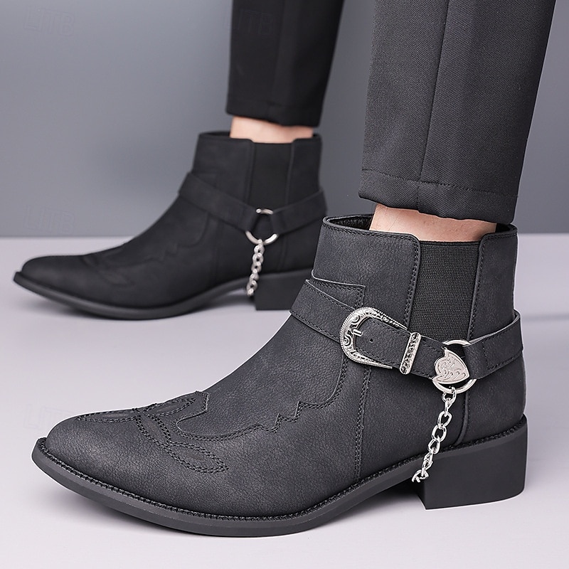 Ghete western gri din piele ecologică pentru bărbați – curea cu cataramă și lanț metalic, potrivite pentru concerte country, petreceri în viața de noapte și ținute streetwear de excepție 2026 - $64.99 –P13