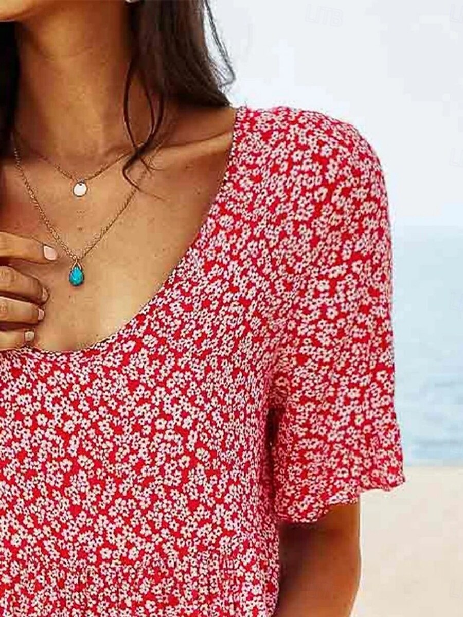 Femmes Mini Robe Robe ajustée et évasée Occasionnel Extérieur Sortir Coupe régulière Fleuri Manche Courte Col Rond Bleu Ciel Jaune Rouge Bleu de minuit Été Printemps de 2025 ? $23.99 –P4