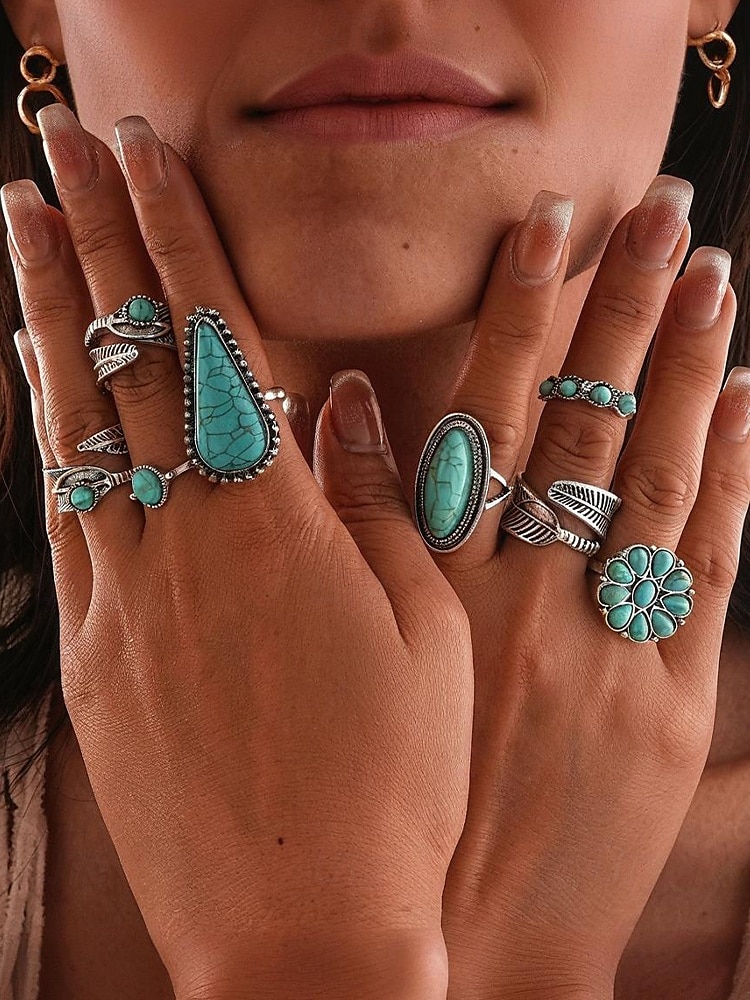 set di anelli turchesi bohémien da donna: anelli impilabili placcati in argento vintage con dettagli in pietra blu per feste, festival e uso quotidiano del 2025 a $11.99 –P1