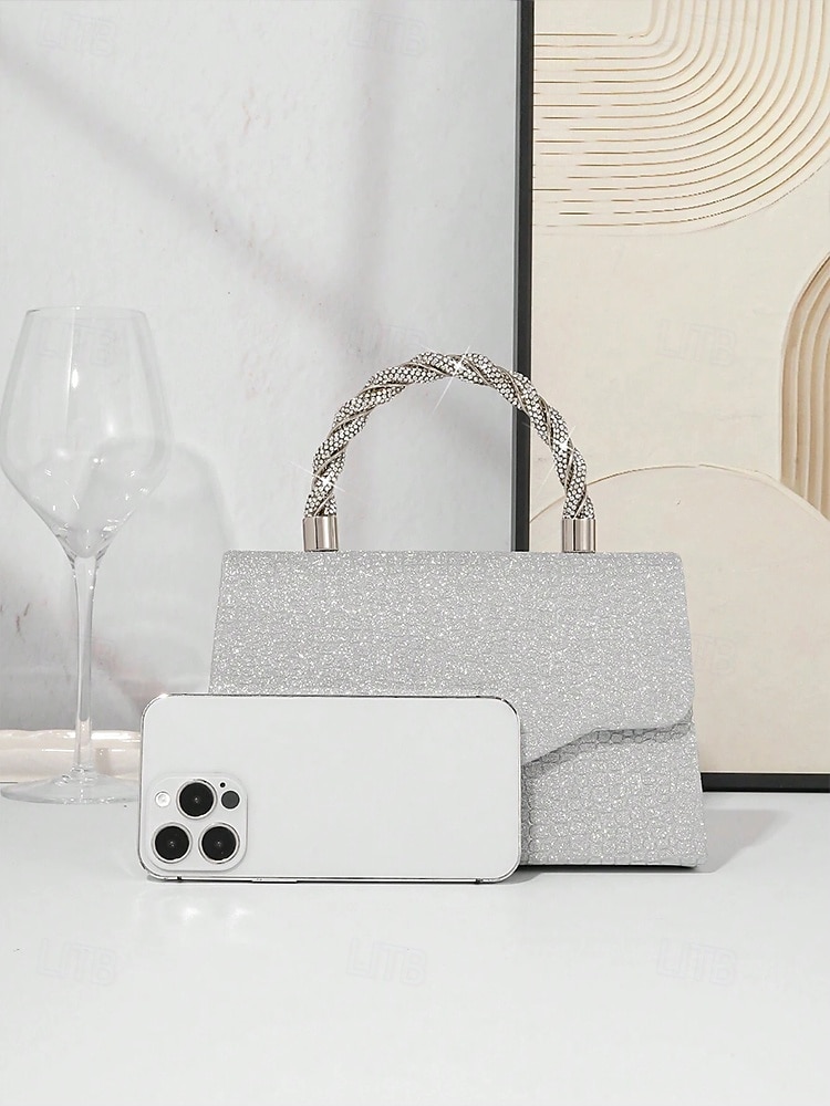 Bolso de mano para mujer con purpurina plateada y asa de diamantes de imitación: elegante bolso de noche para fiestas, bodas y cócteles. 2025 - $24.99 –P9