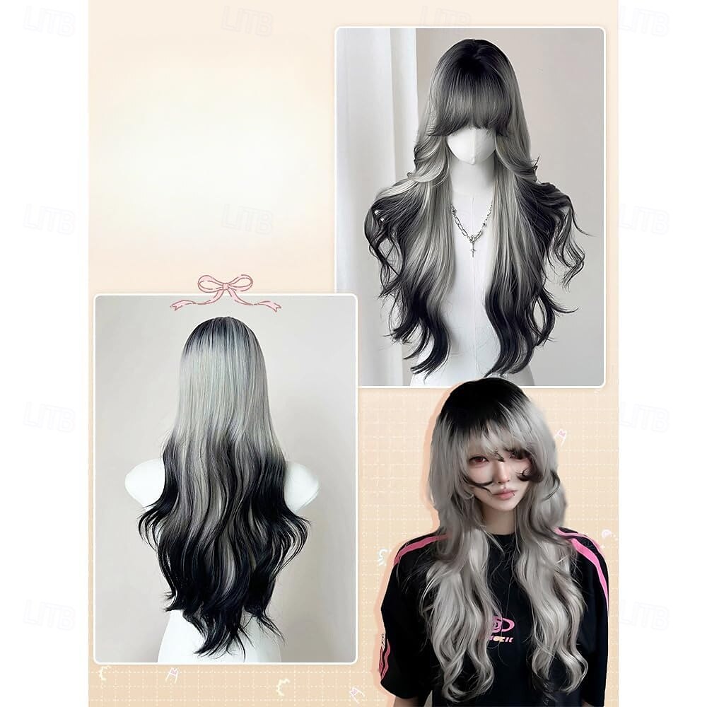 zwart-witte pruik met gradiënt, lange golvende pruik voor vrouwen, lolita, lange krullende pruiken met pony 2025 - $27.99 –P4
