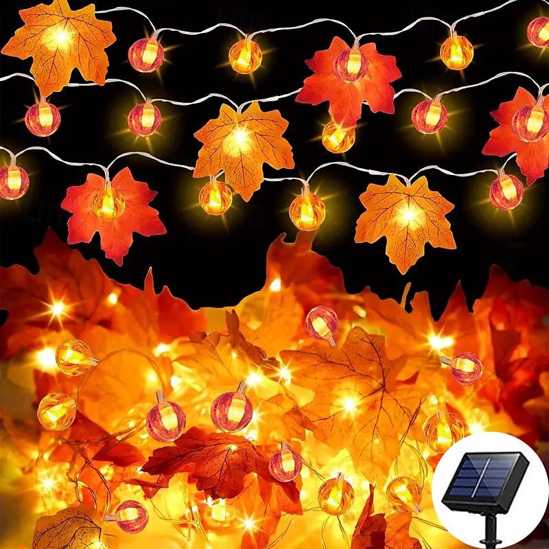 Halloween Solar Pumpkin Maple Leaf Fairytale String Lights 6.5m 30LED Outdoor Waterproof Garden Lights Thanksgiving Halloween Party Atmosphere Home Balcony Terrace Yard Porch Decoration 2025 - $17.19 –P2