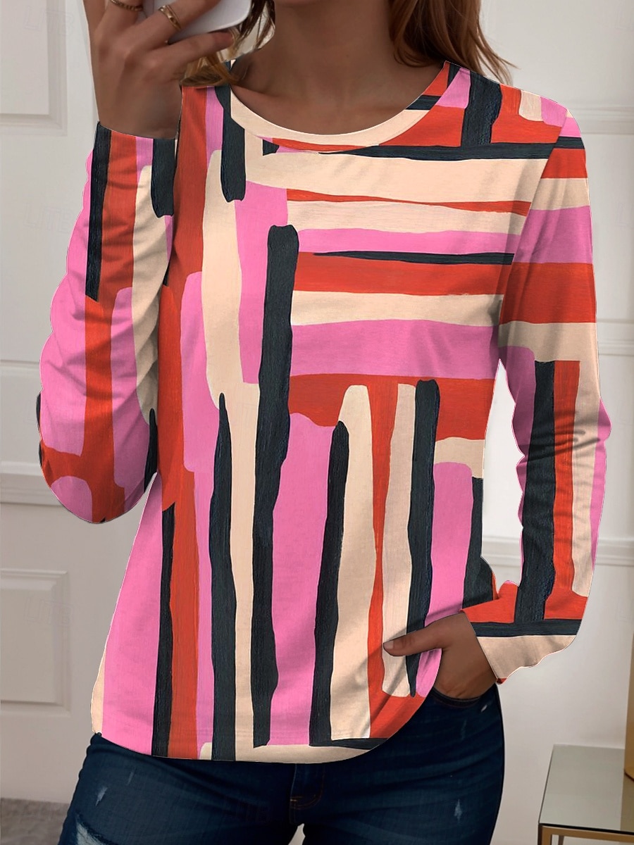 Kvinnors T-shirt Långärmad Crew Neck Långärmad Tunika Grafisk Geometrisk Vintage Avslappnad Regelbundna Toppar Dagligt Tryck Rosa Blå Lila Grön Vår Höst Förhösten 2026 - $24.99 –P4