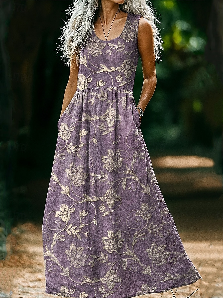 Abito vintage da donna in stile boho con stampa floreale, casual, per uscire in spiaggia, vestibilità regolare, senza maniche, scollo a U, rosa vinaccia, marrone chiaro, blu, estate e primavera. del 2025 a $35.99 –P5