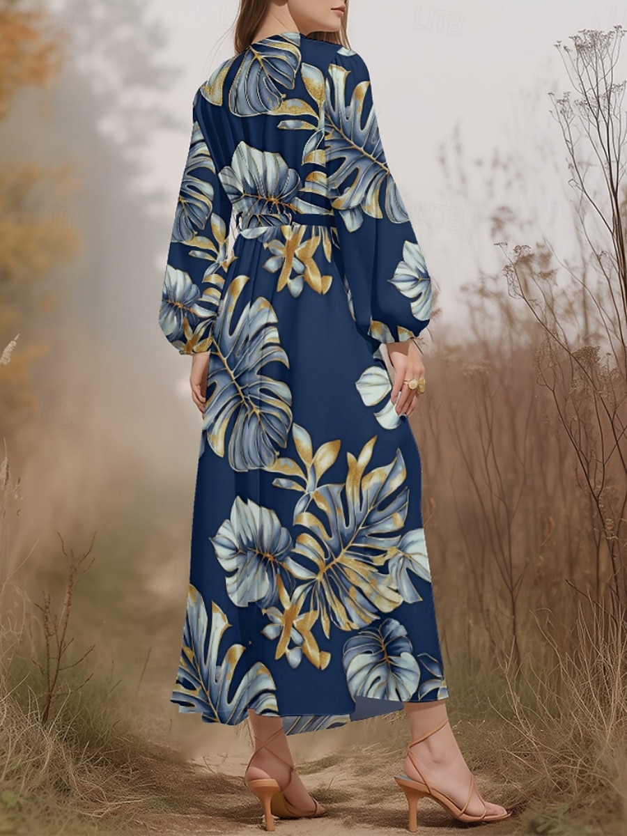 Damen Midikleid Freizeitkleid Chiffon Schwingkleid Modern Urlaub Täglich Wochenende Normale Passform Blatt Tropisch Langarm V Ausschnitt Marineblau Blau Dunkelblau Blau Schwarz Sommer Frühling Herbst 2025 - $31.99 –P8
