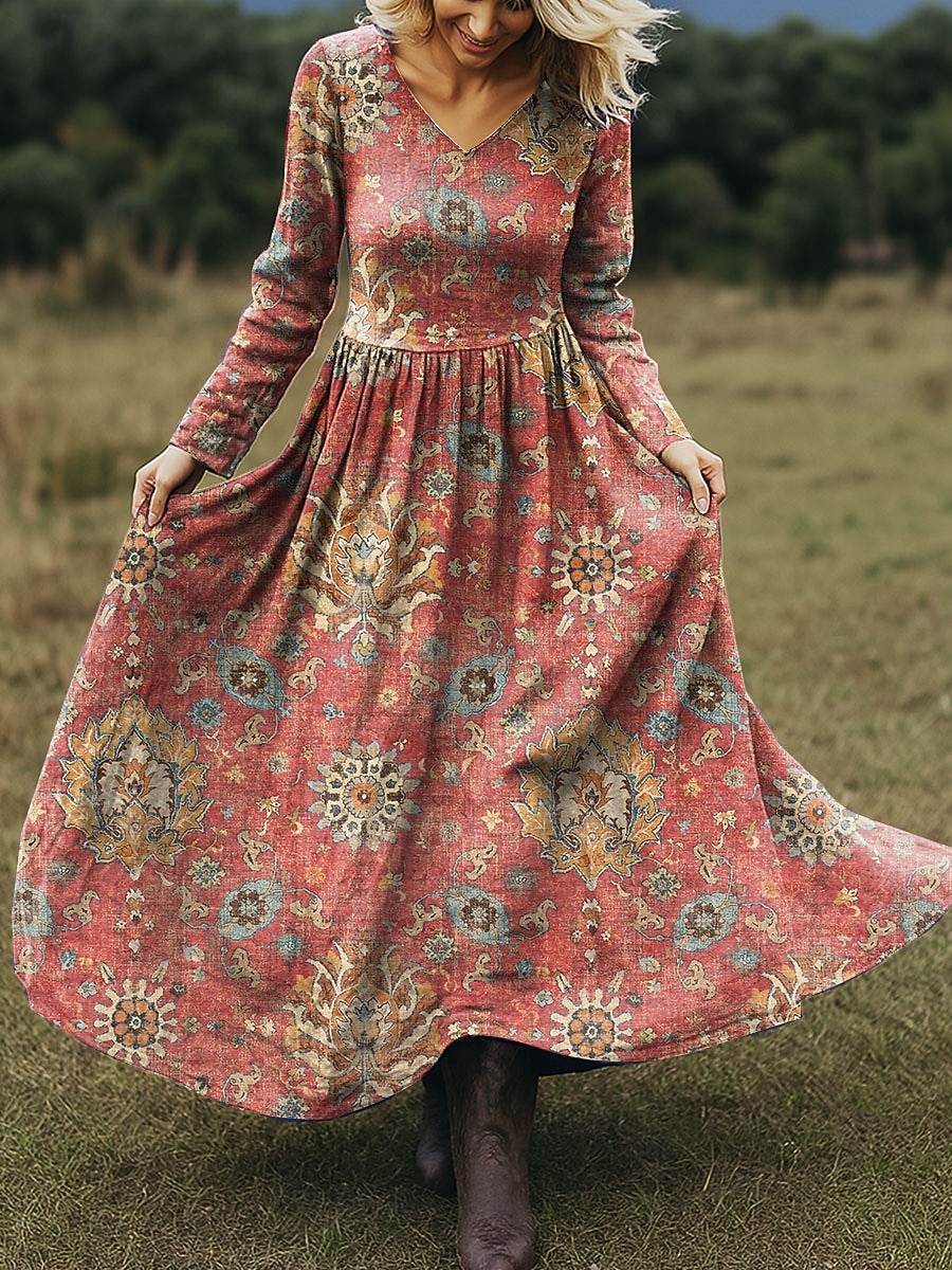Per donna Abito maxi Abito a trapezio Vacanza Casual Boho Spiaggia Vestibilità regolare Floreale Grafico Paisley Manica Lunga Scollo a V Rosa Rosso Blu Verde Primavera Autunno del 2025 a $49.99 –P3