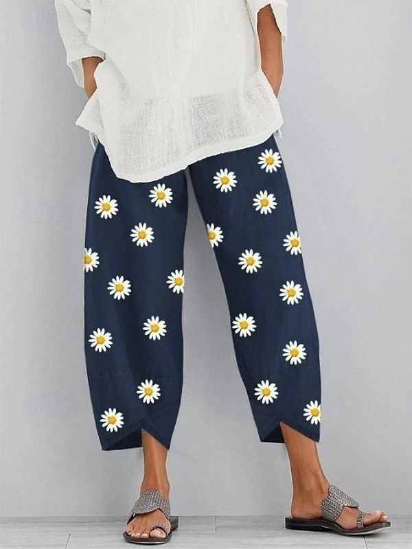 Women's Slacks Pants Trousers Vacation Vintage Ethnic Style Full Length High Waist Floral Graphic Geometic Elastic Waistband Comfy Breathability Soft Inelastic Outdoor Street Daily Black Navy Blue 2025 - $20.99 –P5