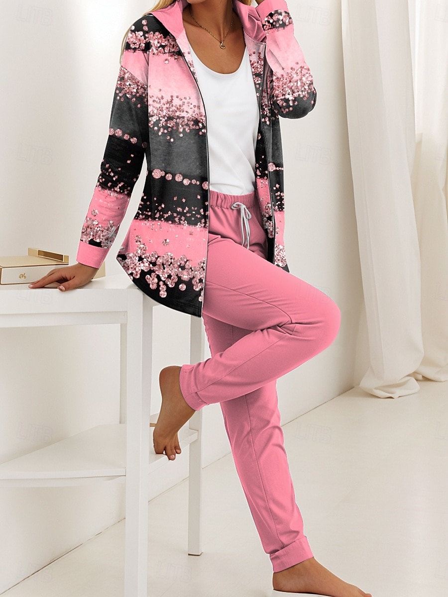 Ensembles de pantalons à capuche pour femmes en 2 pièces longues manches vêtements quotidiens à capuche graphiques ombrés rayés zip imprimés décontracté rose bleu violet automne coupe régulière de 2025 ? $49.99 –P1