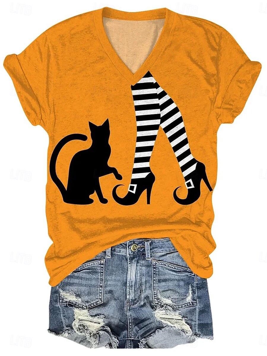 Halloween Femmes T-shirt Graphique Chat Sorcière ancien Élégant Classique Manche Courte Col en V Hauts Réguliers Quotidien Imprimé Orange Vert Été Printemps Automne de 2025 ? $19.99 –P2