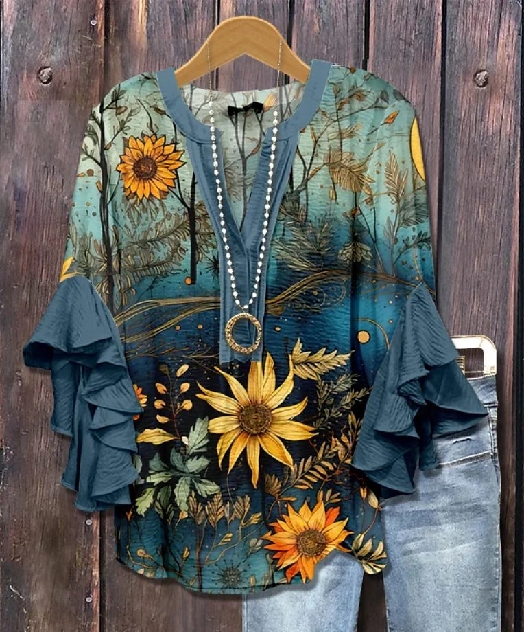 Easter Women's Blouse Floral Graphic Elegant Bohemia Ethnic 3/4 Length Sleeve V Neck Regular Tops Daily Holiday Vacation Wear Ruffle Print White Light Green Blue Purple Green Summer Spring Fall 2025 - $29.99 –P2