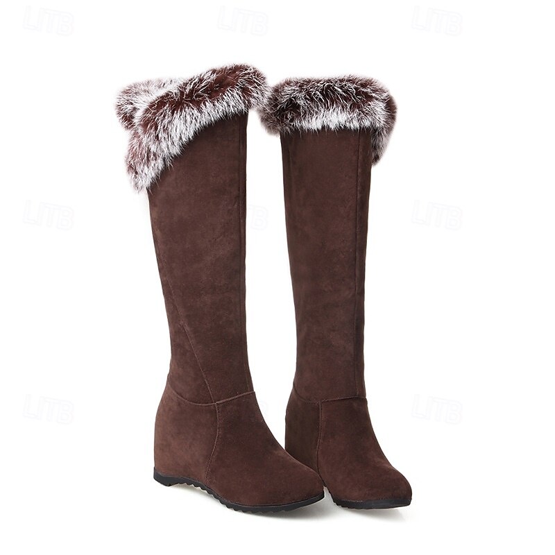 Botas altas hasta la rodilla de ante rojo para mujer con ribete de piel sintética y tacón de cuña: botas cálidas de moda invernal para uso casual y al aire libre. 2025 - $59.99 –P8