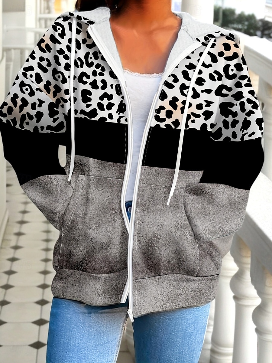 Femmes Sweats à capuche zippés Graphique Léopard Géométrique Mode Occasionnel manche longue À capuche Hauts Réguliers Rue Tenue Quotidienne Fermeture éclair Avec Poches Imprimé Gris Printemps Automne de 2025 ? $24.99 –P3