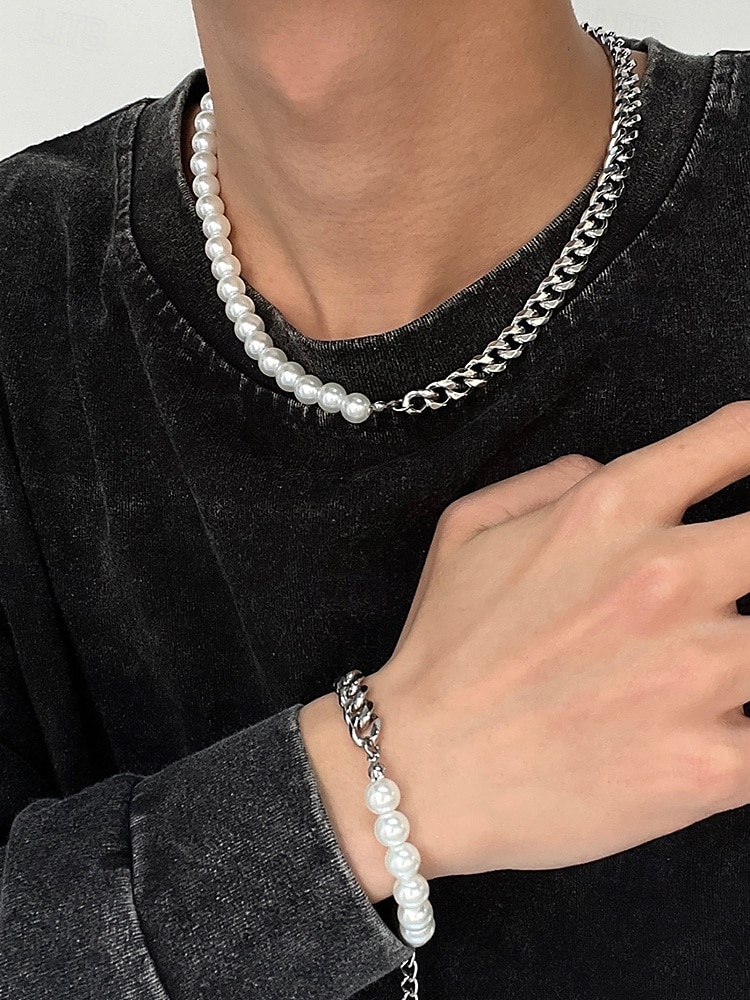 męski zestaw biżuterii z pereł i łańcuszków – modny naszyjnik i bransoletka z pół perły, pół metalu na styl uliczny, hip-hopowy i imprezowy 2026 - $9.99 –P1