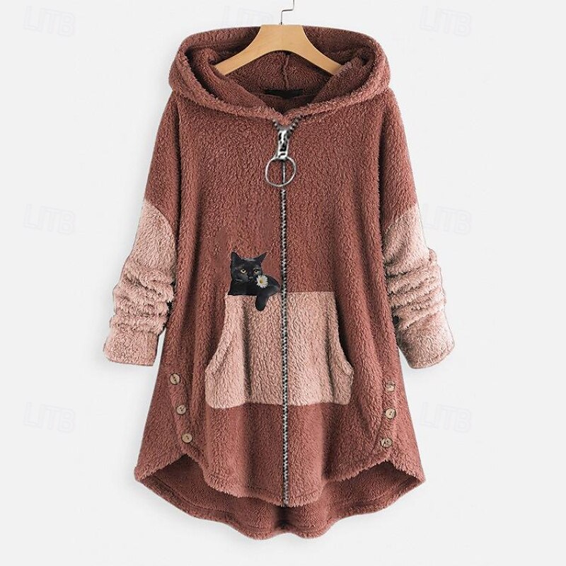 Mujer Chaqueta con capucha Mantiene abrigado Cómodo Retazos Cremallera Casual Gato Exterior Vacaciones Cremallera Largo Con Capucha Ajuste regular Manga Larga Ropa de calle Negro Rojo Verde Ejército 2025 - $25.99 –P5