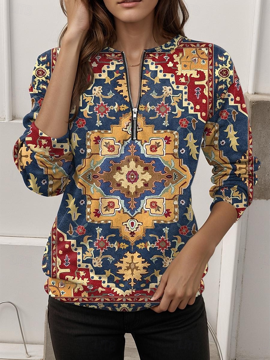 Women's Pullover Sweatshirt Zip Up Sweatshirts Graphic Geometric Casual Long Sleeve Crew Neck Regular Tops Street Dailywear Zipper Print Yellow Red Blue Orange Fall Winter 2025 - $27.99 –P4