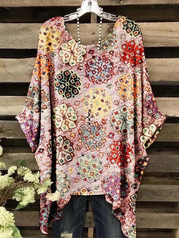 Dame Bluse Grafisk Geometrisk Elegant Bohem Årgang Kortermet Flaggermusermer Crew-hals Vanlige topper Daglig Ferie Strand Klær Trykt mønster Grønn Og Blå Gul Rosa Lysebrun Blå Sommer Vår 2025 - $22.99 –P4