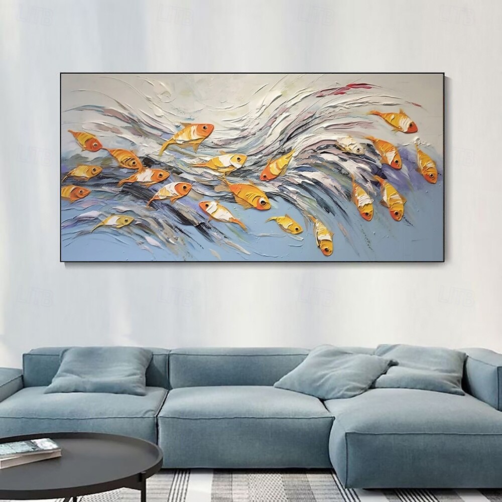 Peinture à l'huile faite à la main sur toile, décoration murale moderne abstraite, poisson heureux pour salon, décoration d'intérieur, cadre tendu, peinture suspendue/peinture roulée sans cadre non de 2025 ? $61.99 –P5