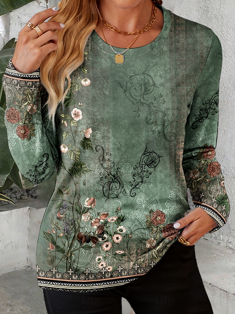 Women's T shirt Long Sleeve Crew Neck Long Sleeve Tunic Ombre Floral Graphic Vintage Stylish Classic Round Neck Regular Tops Daily Print Sage Green Fall Prefall 2026 - $24.99 –P1