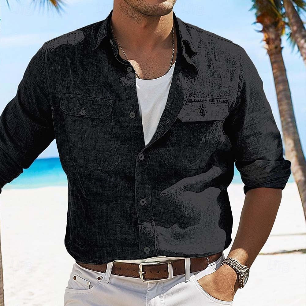 Voor heren Overhemd Linnen overhemd Zomer overhemd Overhemd met knopen Cargoshirt Effen Casual Dagelijks Zwart Wit blauw Khaki Lange mouw Kraag Zomer Lente zomer Kleding Zak 2026 - $25.99 –P11