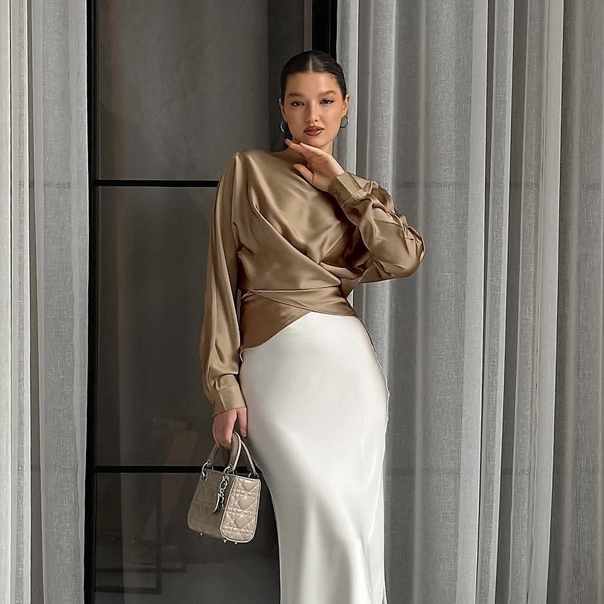 Women's Satin Shirt Dress Shirt Blouse Ruched Lace up Solid Color Elegant Vintage Stylish Long Sleeve Off Shoulder Crop Tops Daily Work Holiday khaki Spring Fall 2026 - $43.99 –P6