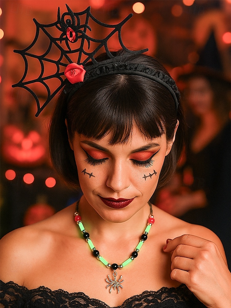 Serre-tête d'Halloween en toile d'araignée pour femme – Dentelle noire gothique avec motif rose rouge et araignée, polyester léger et plastique, parfait pour les fêtes costumées et le cosplay de 2025 ? $9.99 –P1